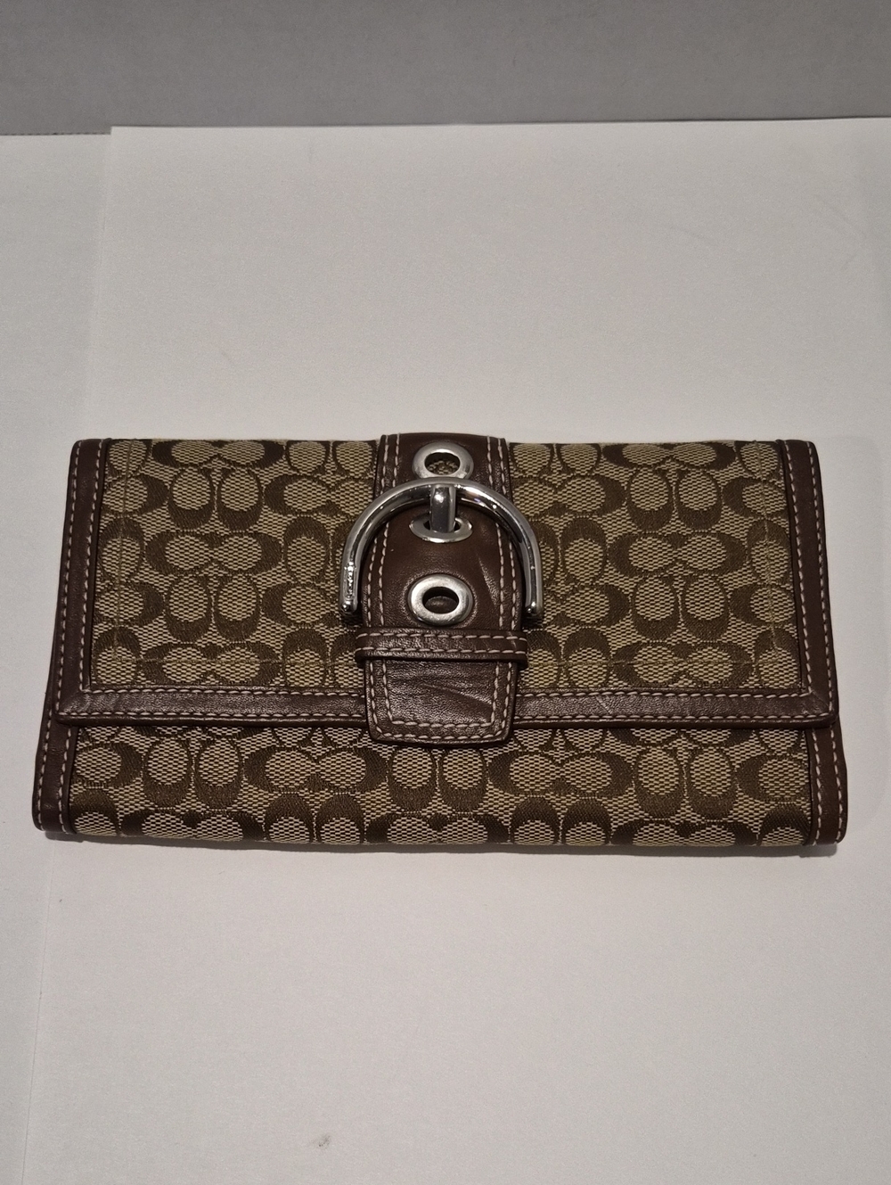 Coach Brown Signature Canvas Buckle Wallet with Silver Buckle